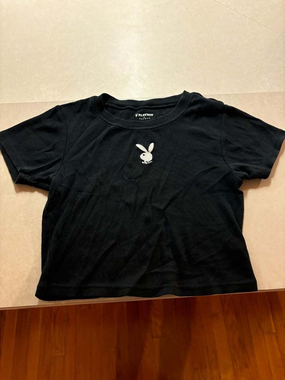 Playboy by PacSun Ribbed Black Crop Top T-Shirt with Embroidered Bunny Logo